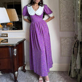 French Peter Pan Collar Short Sleeve Dress Purple Floral Tie Neck Slimming Dress
